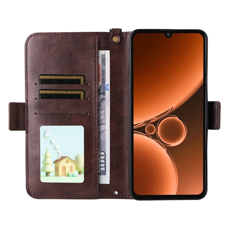 For Oukitel C59 Pro Leather Case Magnetic Closure Wallet Stand Phone Cover with Crossbody Strap - Brown