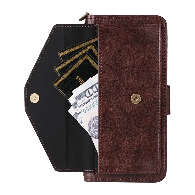 For Oukitel C59 Pro Leather Case Magnetic Closure Wallet Stand Phone Cover with Crossbody Strap - Brown