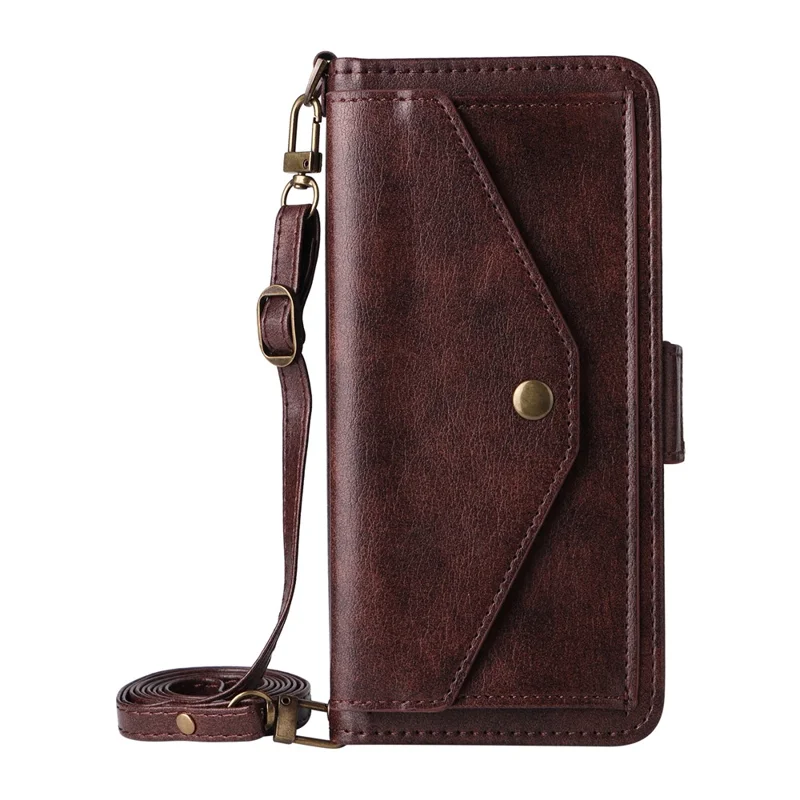 For Oukitel C59 Pro Leather Case Magnetic Closure Wallet Stand Phone Cover with Crossbody Strap - Brown