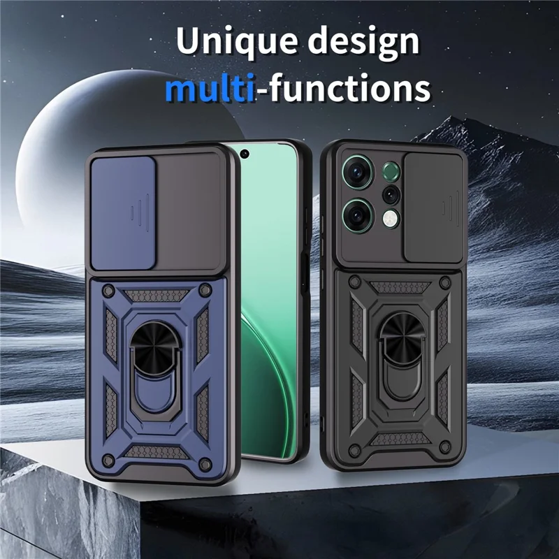 Чехол для Oppo Reno14 5G (Global) с выдвижной крышкой камеры, PC + TPU подставка, телефонный чехол - Черный