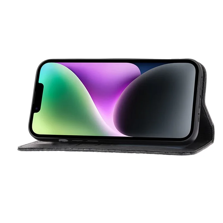 Para Iphone 14 Anti-srratch Teckure Wallet Magnetic PU Case de Cuero Impreso Patrón de Rombo Cubierta Con Correa - Negro