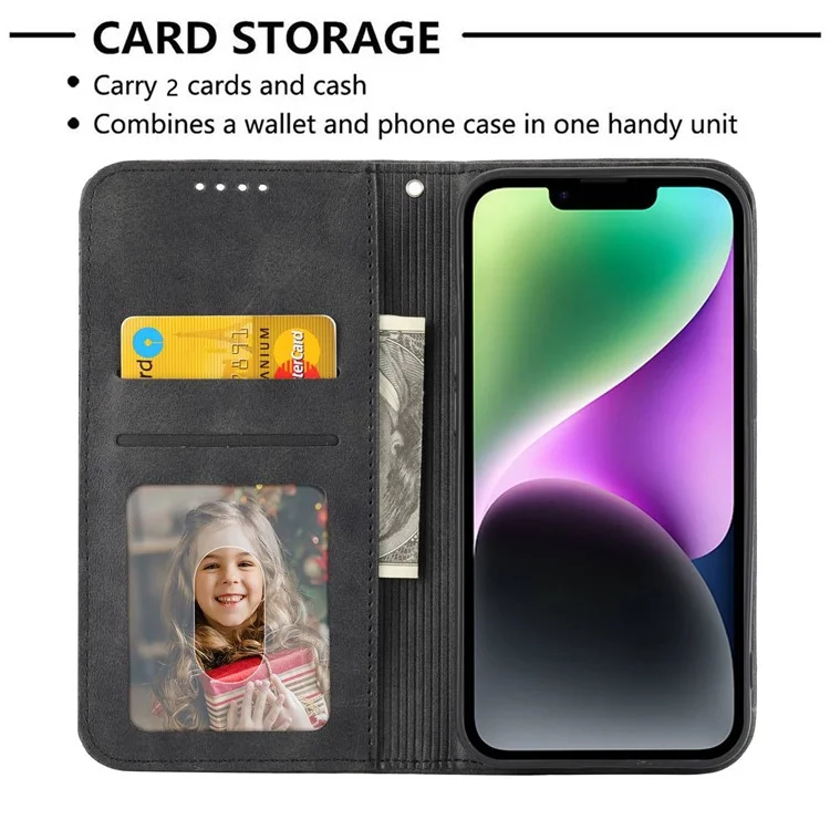 Para Iphone 14 Anti-srratch Teckure Wallet Magnetic PU Case de Cuero Impreso Patrón de Rombo Cubierta Con Correa - Negro