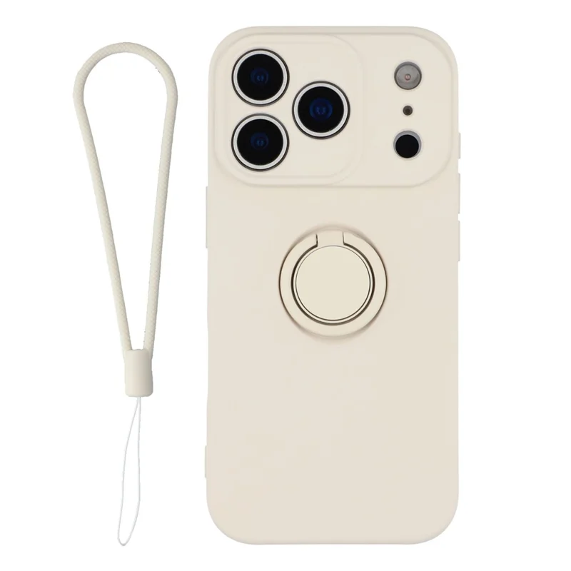 For iPhone 17 Pro Silicone Case with Strap Ring Kickstand Phone Cover - White