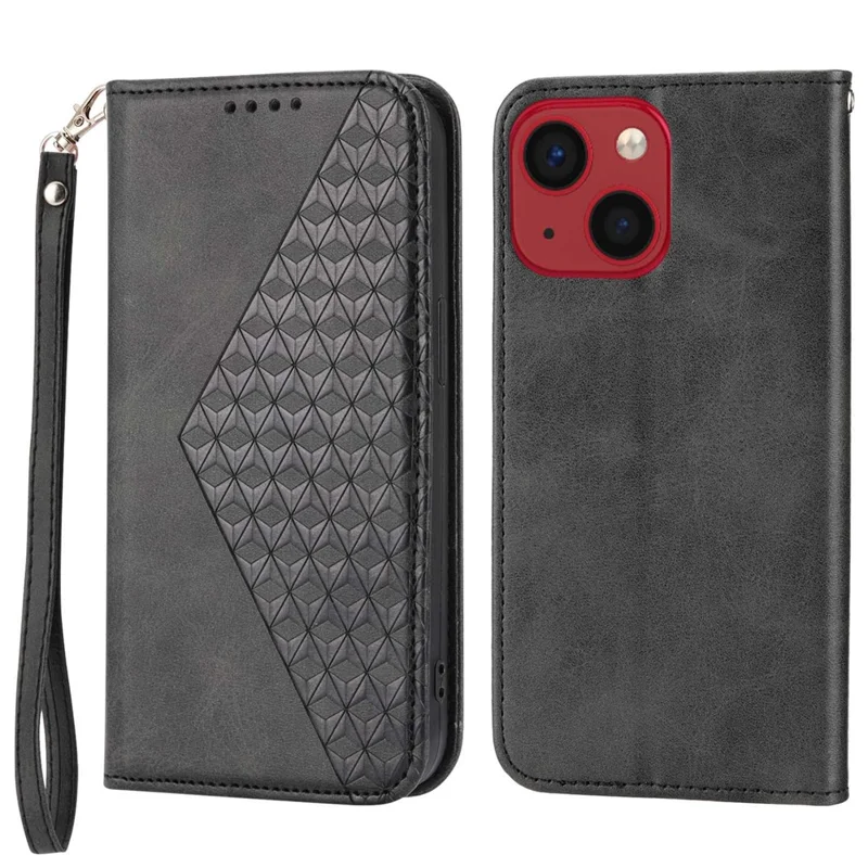 For iPhone 14 Plus Imprinted Rhombus Pattern Phone Stand Cover Calf Texture PU Leather Case Magnetic Wallet with Strap - Black