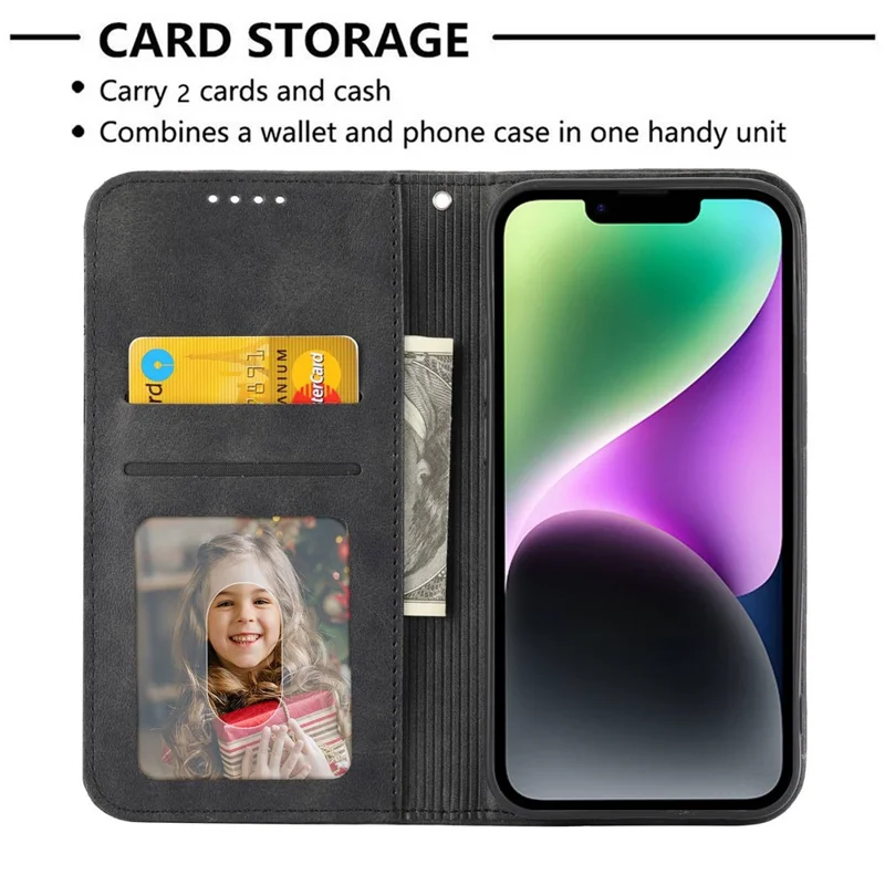 For iPhone 14 Plus Imprinted Rhombus Pattern Phone Stand Cover Calf Texture PU Leather Case Magnetic Wallet with Strap - Black