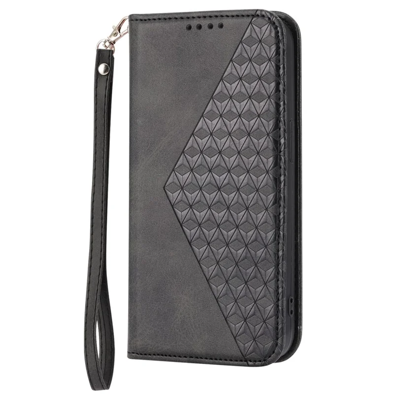 For iPhone 14 Plus Imprinted Rhombus Pattern Phone Stand Cover Calf Texture PU Leather Case Magnetic Wallet with Strap - Black