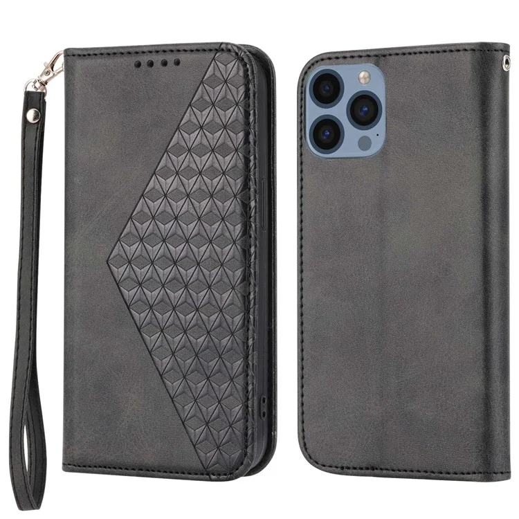 Для Iphone 14 Pro Talf Texture Wallet Imprindted Rombus Pather Phatle Chatle Stand Ceather Case Magnetic Cover с Ремешком - Черный