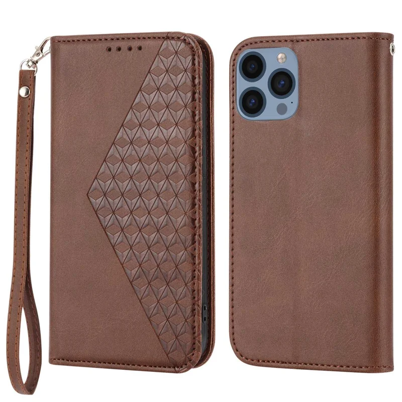 For iPhone 14 Pro Calf Texture Wallet Imprinted Rhombus Pattern Phone Stand PU Leather Case Magnetic Cover with Strap - Brown