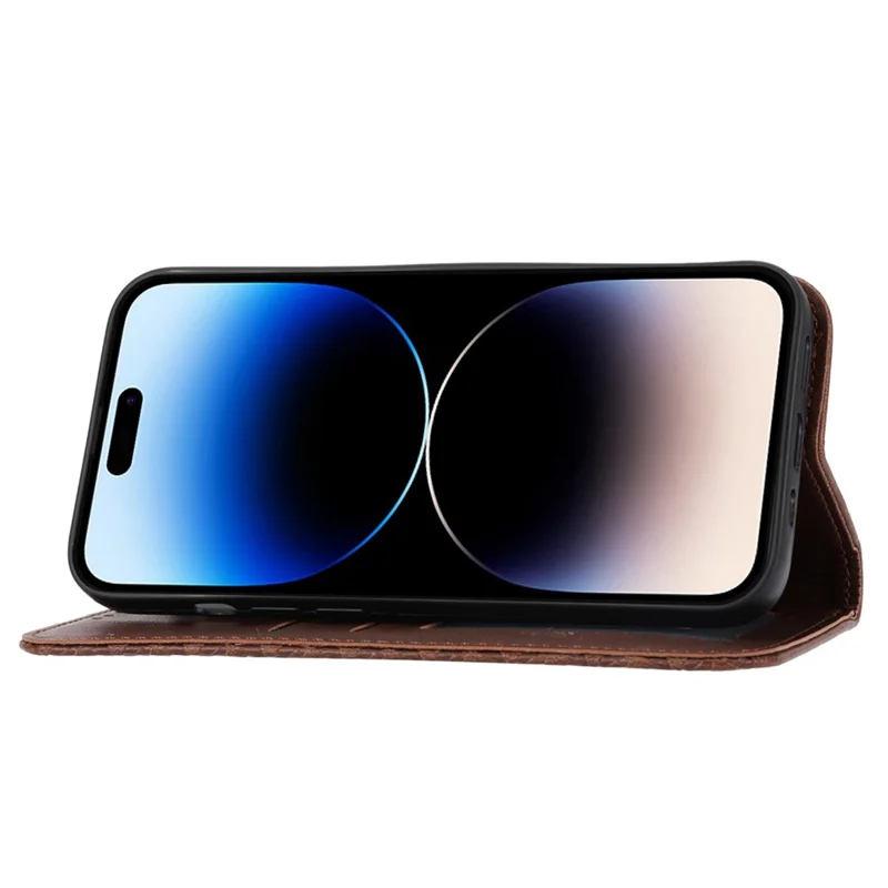 For iPhone 14 Pro Calf Texture Wallet Imprinted Rhombus Pattern Phone Stand PU Leather Case Magnetic Cover with Strap - Brown