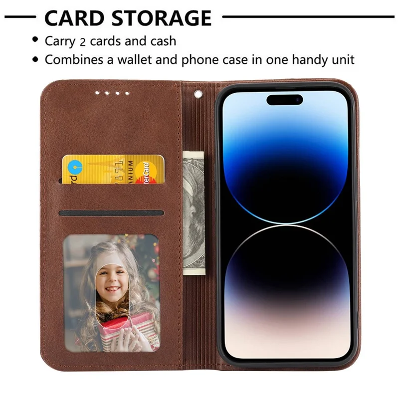 For iPhone 14 Pro Calf Texture Wallet Imprinted Rhombus Pattern Phone Stand PU Leather Case Magnetic Cover with Strap - Brown