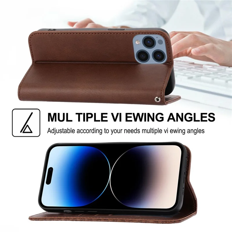 For iPhone 14 Pro Calf Texture Wallet Imprinted Rhombus Pattern Phone Stand PU Leather Case Magnetic Cover with Strap - Brown