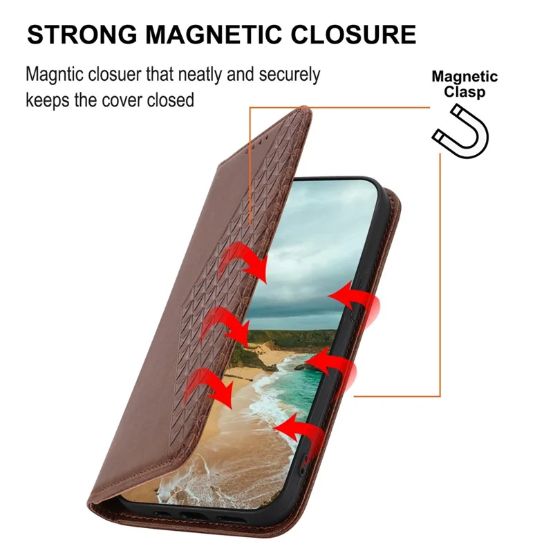 For iPhone 14 Pro Calf Texture Wallet Imprinted Rhombus Pattern Phone Stand PU Leather Case Magnetic Cover with Strap - Brown