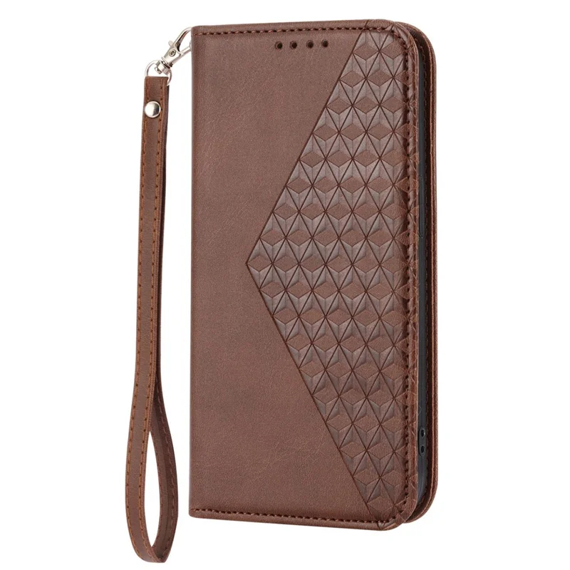 For iPhone 14 Pro Calf Texture Wallet Imprinted Rhombus Pattern Phone Stand PU Leather Case Magnetic Cover with Strap - Brown