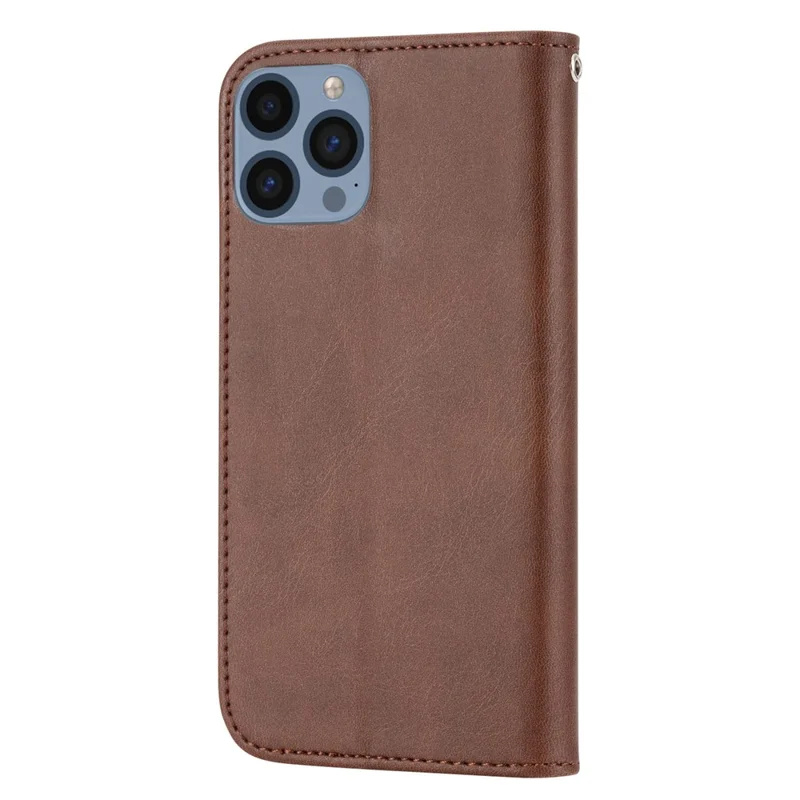 For iPhone 14 Pro Calf Texture Wallet Imprinted Rhombus Pattern Phone Stand PU Leather Case Magnetic Cover with Strap - Brown