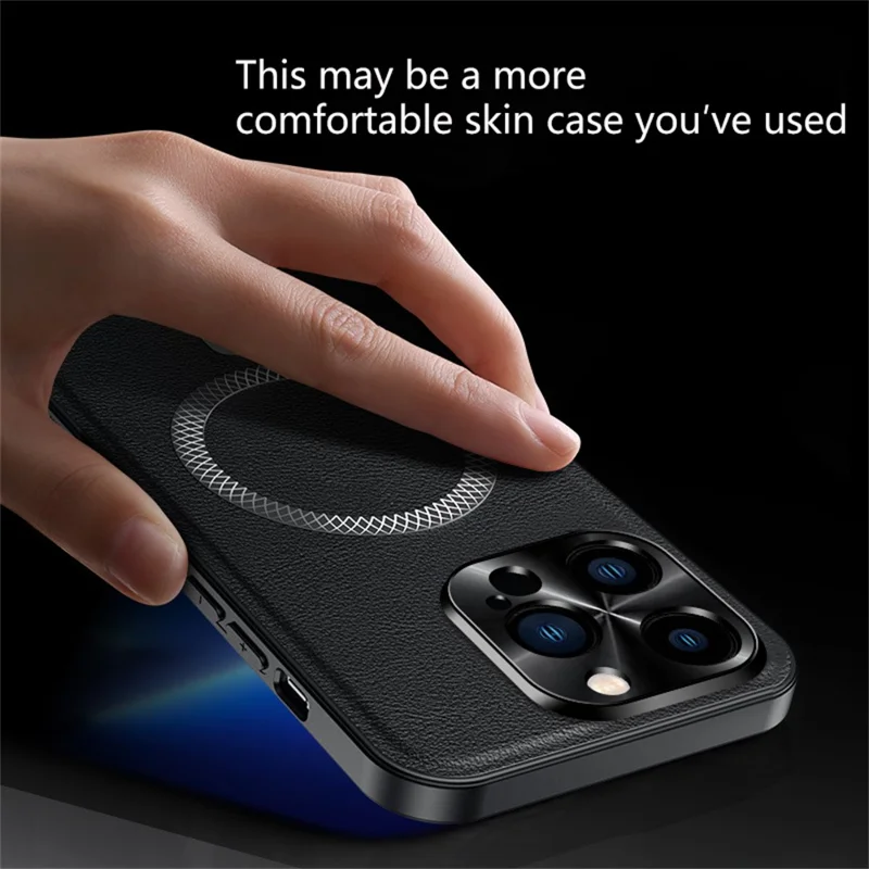 For iPhone 16 Pro Max Case Compatible with MagSafe PU TPU PC Phone Back Cover with Metal Lens Frame - Black