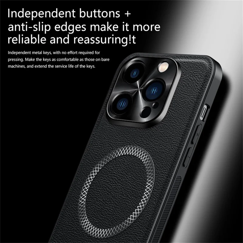 For iPhone 16 Pro Max Case Compatible with MagSafe PU TPU PC Phone Back Cover with Metal Lens Frame - Black