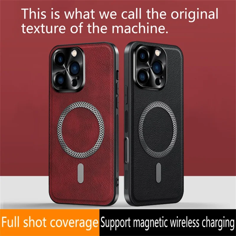 For iPhone 16 Pro Max Case Compatible with MagSafe PU TPU PC Phone Back Cover with Metal Lens Frame - Black