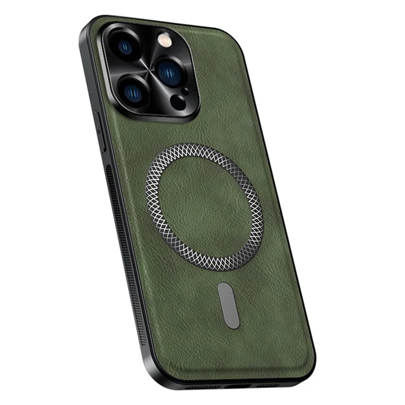 For iPhone 15 Pro Case Compatible with MagSafe PU TPU PC Phone Back Cover with Metal Lens Frame - Green