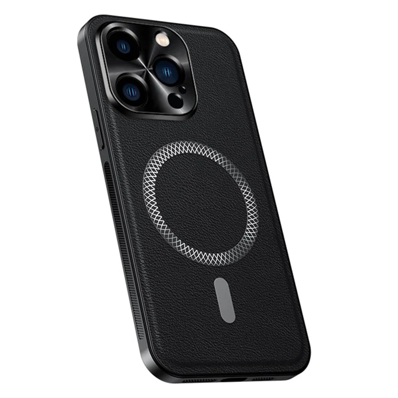 Для iPhone 15 Pro Max Чехол совместимый с MagSafe ПУ ТПУ ПК Задняя крышка телефона с металлической рамкой для объектива - Черный