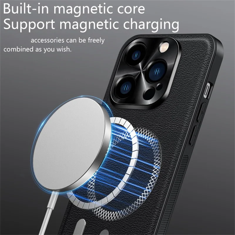 Для iPhone 15 Pro Max Чехол совместимый с MagSafe ПУ ТПУ ПК Задняя крышка телефона с металлической рамкой для объектива - Черный