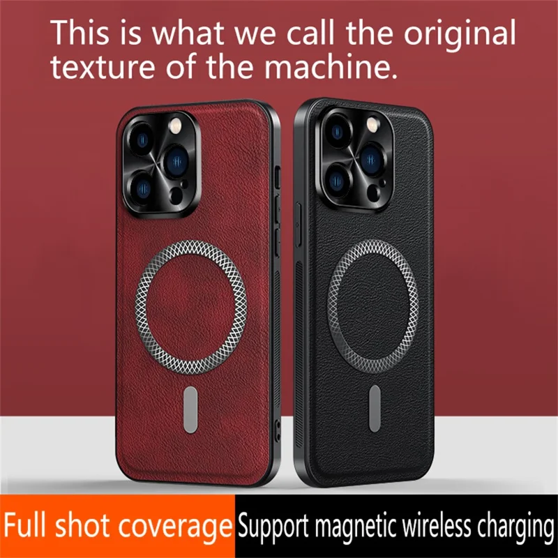 Для iPhone 15 Pro Max Чехол совместимый с MagSafe ПУ ТПУ ПК Задняя крышка телефона с металлической рамкой для объектива - Черный