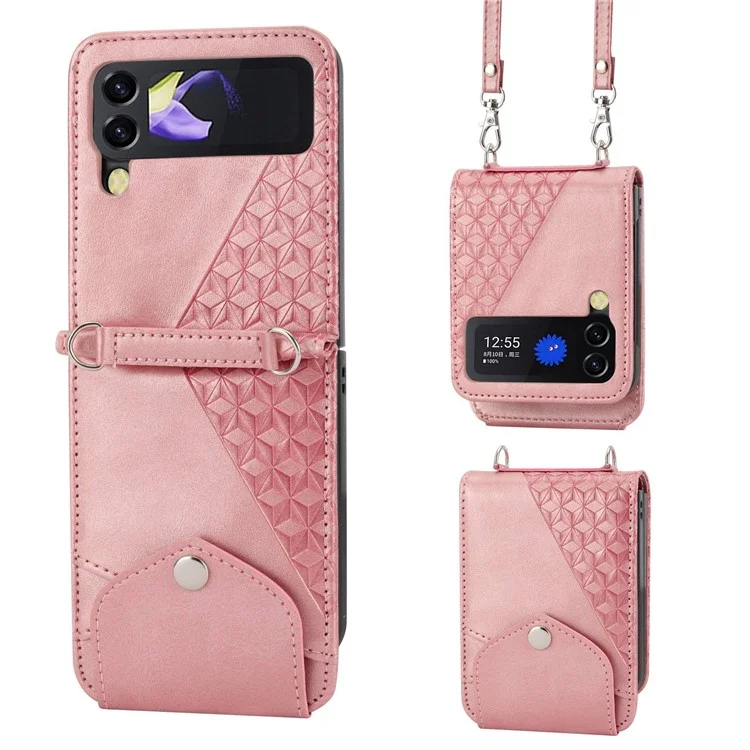 Pour Samsung Galaxy Z Flip4 5G Imprimé Rhombus Pattern Calf Texture PU Leather Case Porte-cartes Support Téléphone Case avec Bandoulière - Rose Gold