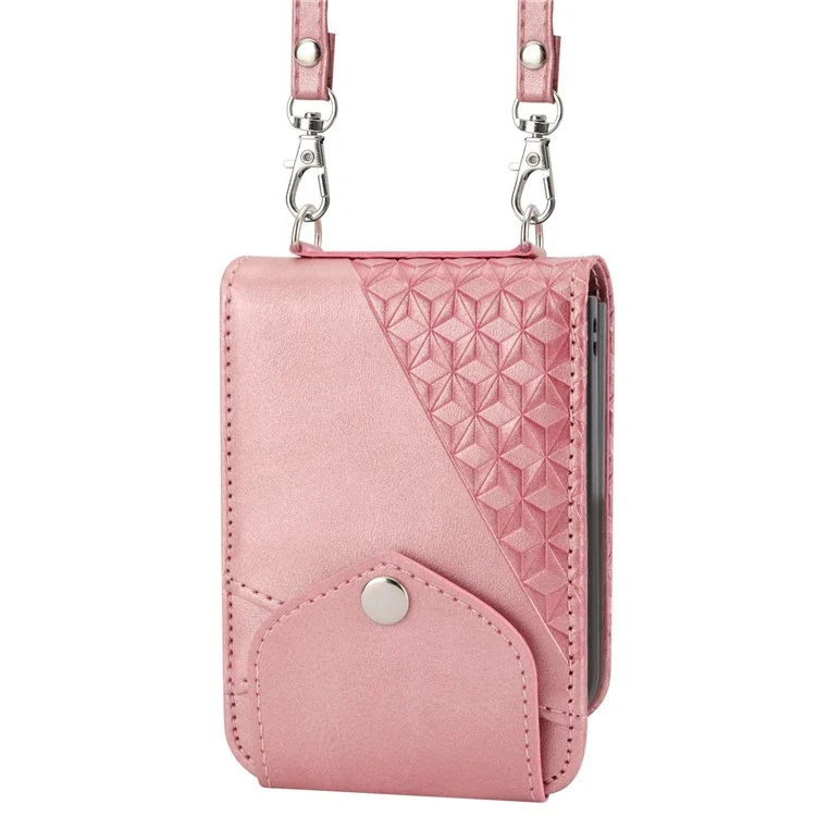 Pour Samsung Galaxy Z Flip4 5G Imprimé Rhombus Pattern Calf Texture PU Leather Case Porte-cartes Support Téléphone Case avec Bandoulière - Rose Gold