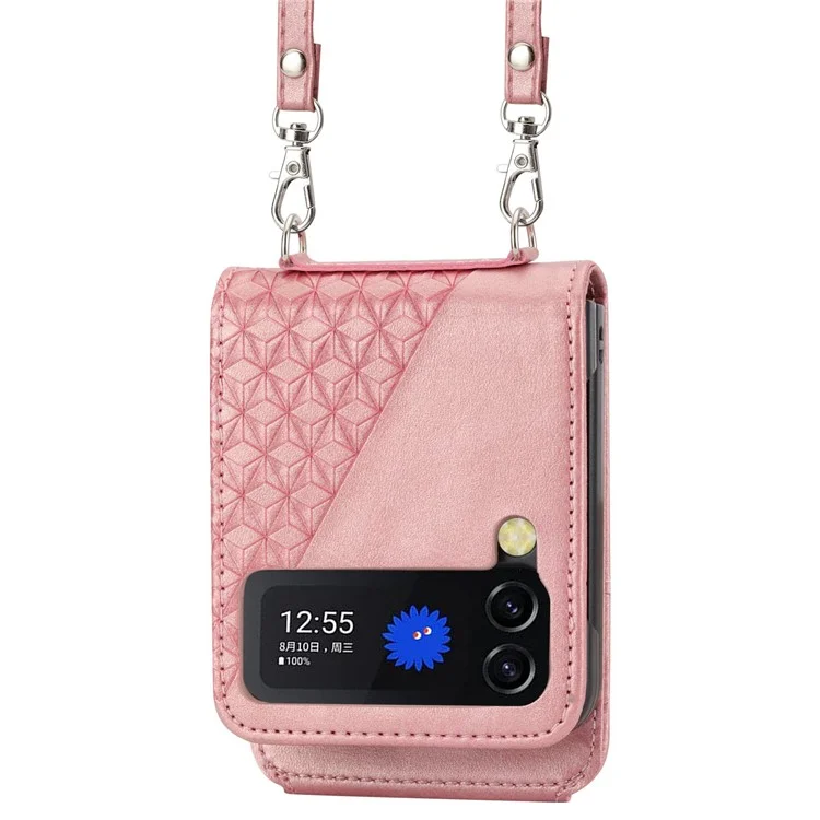 Pour Samsung Galaxy Z Flip4 5G Imprimé Rhombus Pattern Calf Texture PU Leather Case Porte-cartes Support Téléphone Case avec Bandoulière - Rose Gold