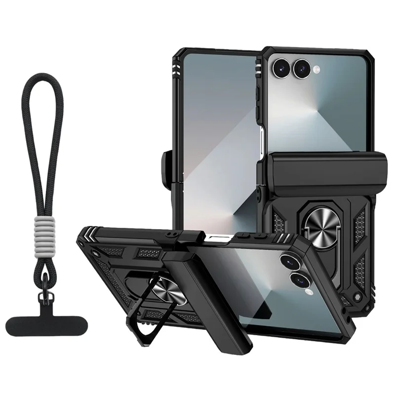 Чехол для Samsung Galaxy Z Flip7 5G с ремешком на запястье / подставкой и защитой петель из ПК + TPU - Черный