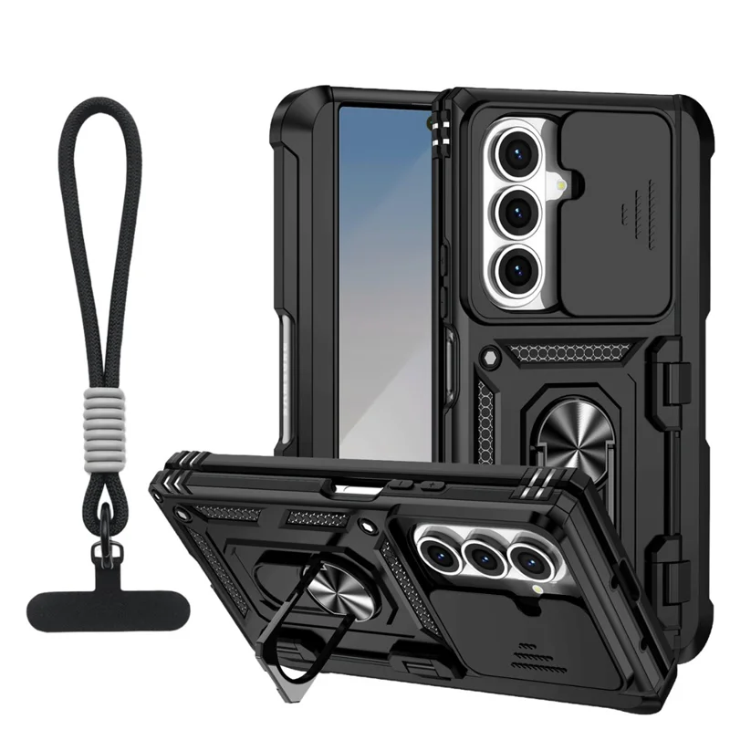 Für Samsung Galaxy Z Fold7 5G Hülle mit Handgelenkschlaufe / Ständer Scharnierschutz PC + TPU Handyhülle - Schwarz