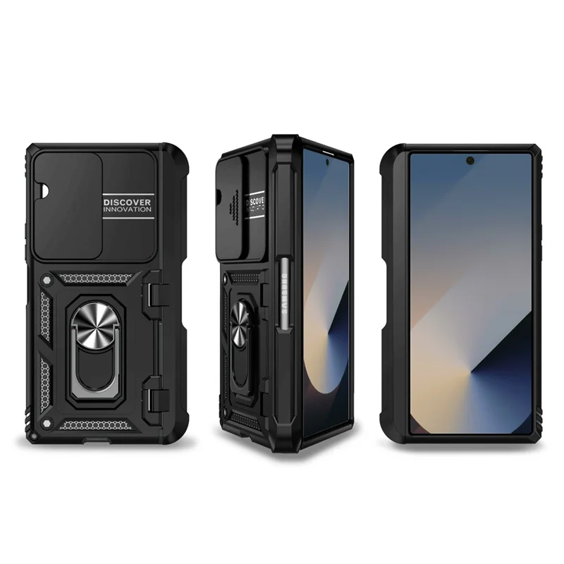 Für Samsung Galaxy Z Fold7 5G Hülle mit Handgelenkschlaufe / Ständer Scharnierschutz PC + TPU Handyhülle - Schwarz