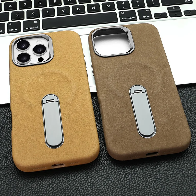 Für iPhone 16 Pro Max Magnetische Hülle mit Ständer Retro Jeans Textur PU + PC Handyhülle - Hellbraun