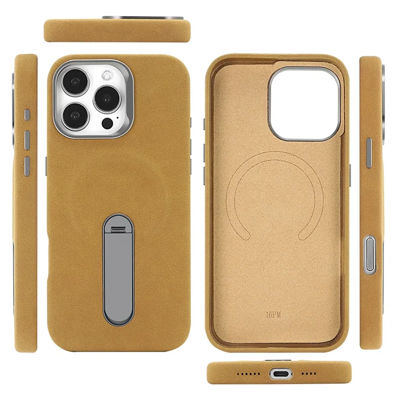 Für iPhone 16 Pro Max Magnetische Hülle mit Ständer Retro Jeans Textur PU + PC Handyhülle - Hellbraun
