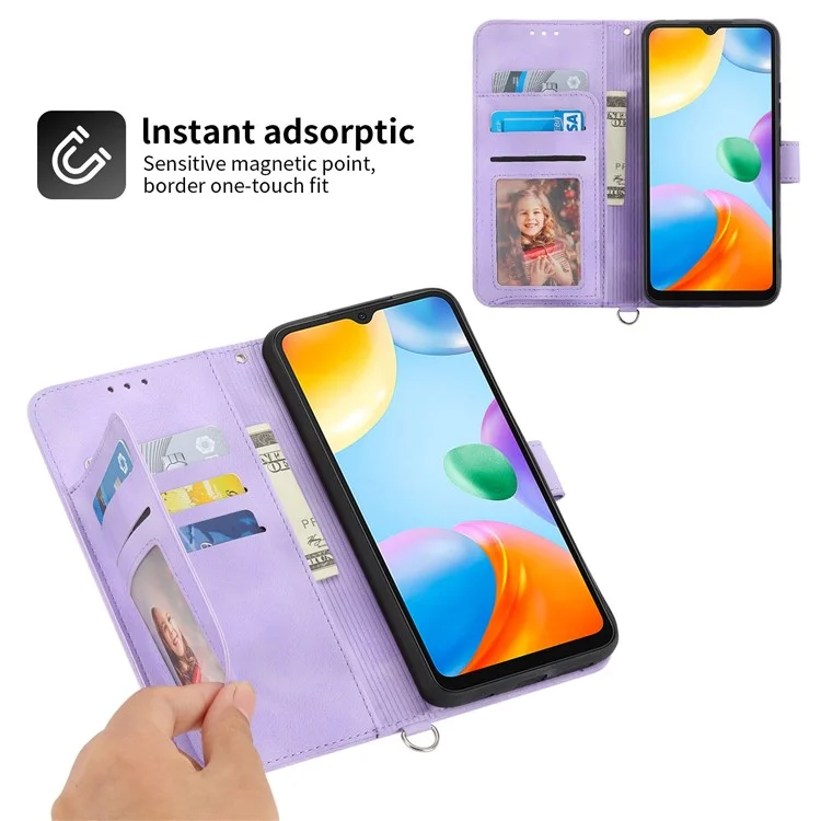 Für Xiaomi Redmi 10C 4G Anti-fall-telefonhülle Geprägte Blumen PU Leder Hauttouch Ständer Flip Wallet Wallet Mit Handgelenksgurt Und Schultergurt - Helles Lila