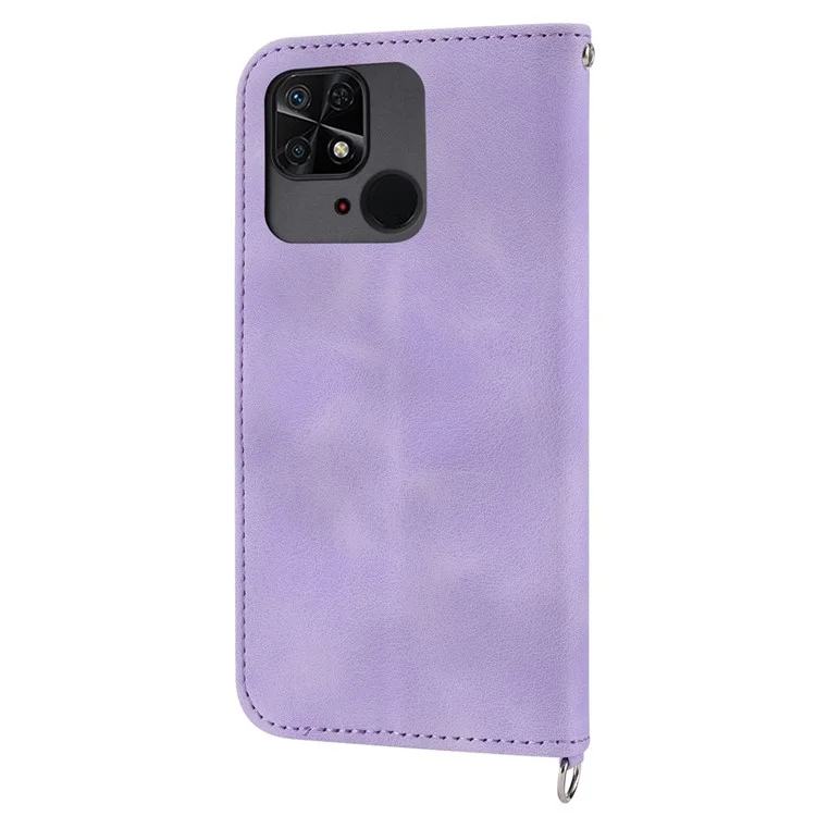 Für Xiaomi Redmi 10C 4G Anti-fall-telefonhülle Geprägte Blumen PU Leder Hauttouch Ständer Flip Wallet Wallet Mit Handgelenksgurt Und Schultergurt - Helles Lila