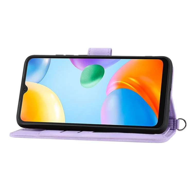 Für Xiaomi Redmi 10C 4G Anti-fall-telefonhülle Geprägte Blumen PU Leder Hauttouch Ständer Flip Wallet Wallet Mit Handgelenksgurt Und Schultergurt - Helles Lila
