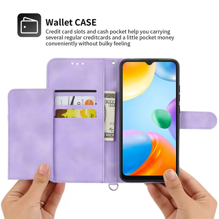 Für Xiaomi Redmi 10C 4G Anti-fall-telefonhülle Geprägte Blumen PU Leder Hauttouch Ständer Flip Wallet Wallet Mit Handgelenksgurt Und Schultergurt - Helles Lila