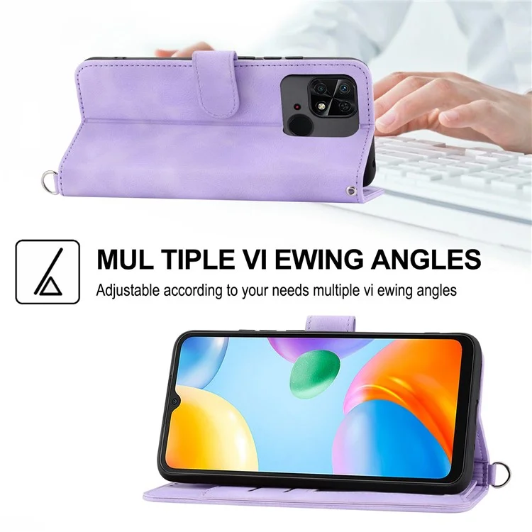 Für Xiaomi Redmi 10C 4G Anti-fall-telefonhülle Geprägte Blumen PU Leder Hauttouch Ständer Flip Wallet Wallet Mit Handgelenksgurt Und Schultergurt - Helles Lila