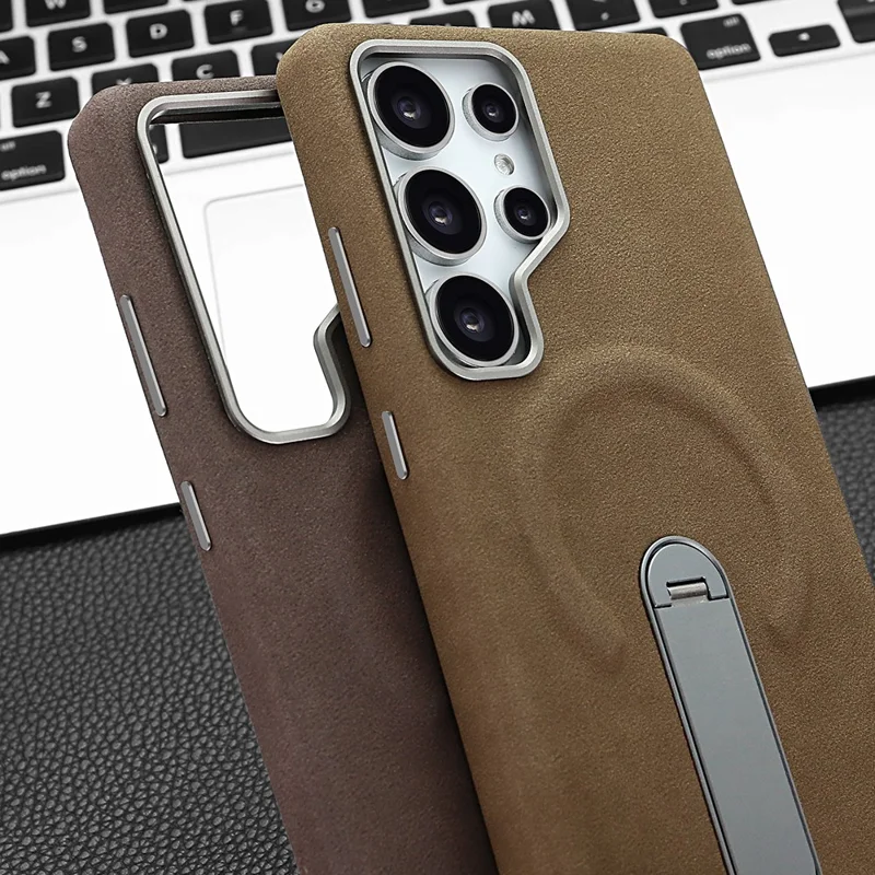Cover per Samsung Galaxy S25 Ultra con Custodia Magnetica e Supporto, Texture Jeans Retrò in PU + PC - Nero