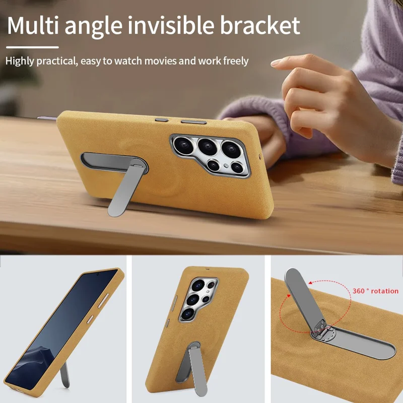 For Samsung Galaxy S24 Ultra Magnetic Case with Kickstand Retro Jeans Texture PU + PC Phone Cover - Light Brown