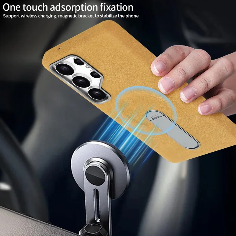 For Samsung Galaxy S24 Ultra Magnetic Case with Kickstand Retro Jeans Texture PU + PC Phone Cover - Light Brown