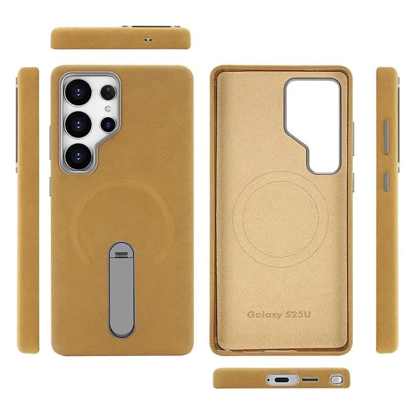 For Samsung Galaxy S24 Ultra Magnetic Case with Kickstand Retro Jeans Texture PU + PC Phone Cover - Light Brown