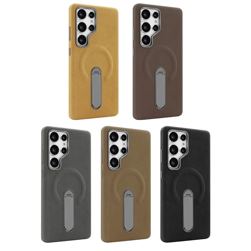 For Samsung Galaxy S24 Ultra Magnetic Case with Kickstand Retro Jeans Texture PU + PC Phone Cover - Light Brown