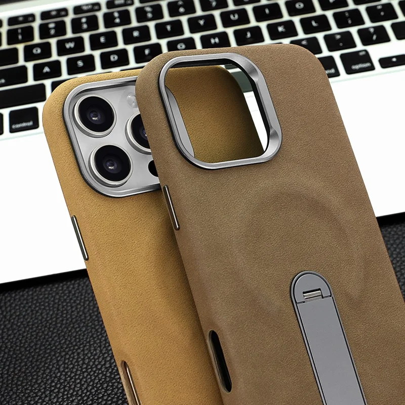 Cover per iPhone 16 Pro Magnetico con Supporto, Texture Jeans Retrò in PU + PC - Marrone Chiaro
