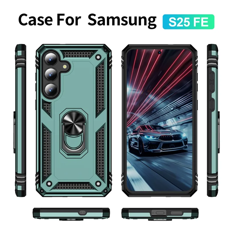 For Samsung Galaxy S25 FE Case PC + TPU Phone Cover with Kickstand - Blackish Green