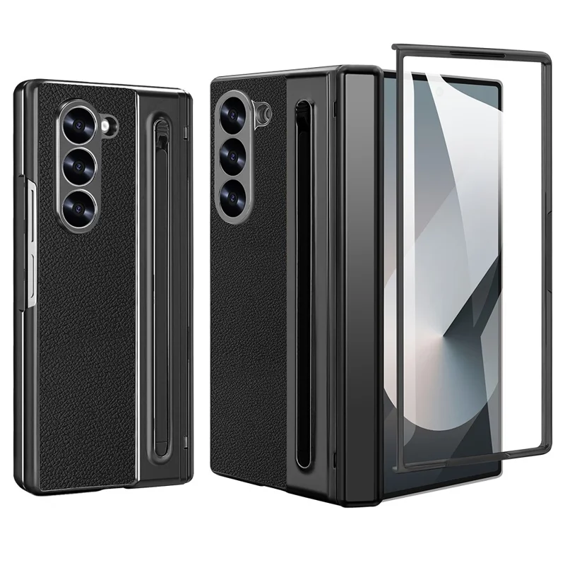 Für Samsung Galaxy Z Fold6 5G Hülle PU + PC + Gehärtetes Glas Handyhülle mit Stylus - Schwarz