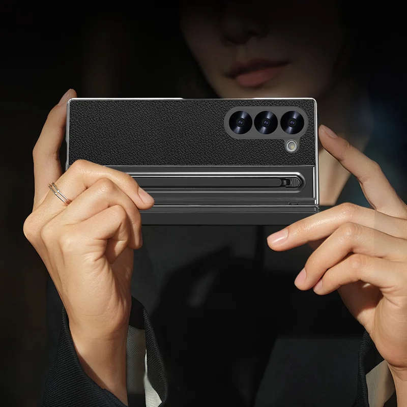 Für Samsung Galaxy Z Fold6 5G Hülle PU + PC + Gehärtetes Glas Handyhülle mit Stylus - Schwarz