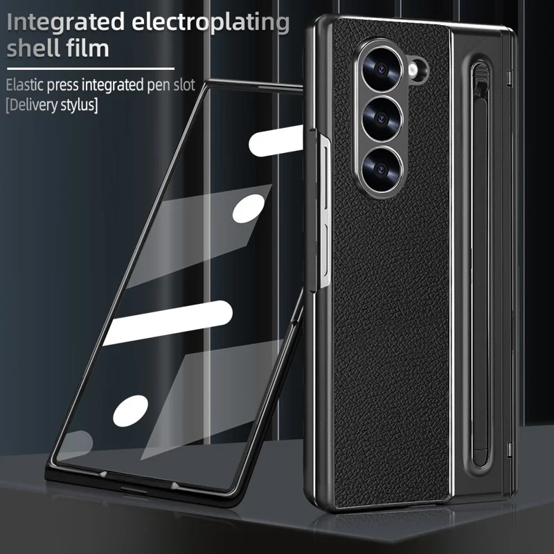 Für Samsung Galaxy Z Fold6 5G Hülle PU + PC + Gehärtetes Glas Handyhülle mit Stylus - Schwarz