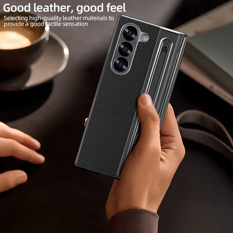 Für Samsung Galaxy Z Fold6 5G Hülle PU + PC + Gehärtetes Glas Handyhülle mit Stylus - Schwarz