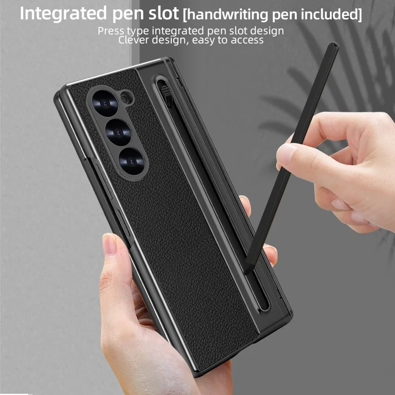 Für Samsung Galaxy Z Fold6 5G Hülle PU + PC + Gehärtetes Glas Handyhülle mit Stylus - Schwarz